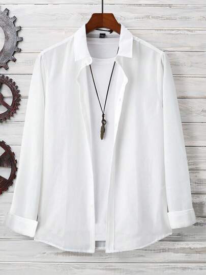 Manfinity Homme قميص كاجوال يونيسكس من الكتان الأبيض ذو لون أبيض سادة بأزرار أمامية وأكمام طويلة وياقة، مناسب للخروج