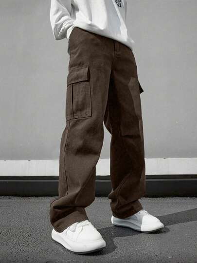 بنطلون رجالي سائب متعدد الجيوب بلون أحادي ، بنطلون كاجوال للشاطئ مناسب للارتداء اليومي ، التدريب الرياضي ، الأنشطة الخارجية ، لياقة البدنية وركض ، ملابس الشارع ، قدم مستقيمة ، صيف - قطعة واحدة