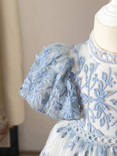 فستان أنيق للطفلة مطرز بتطريز زهري من التول ذو أكمام منفوشة