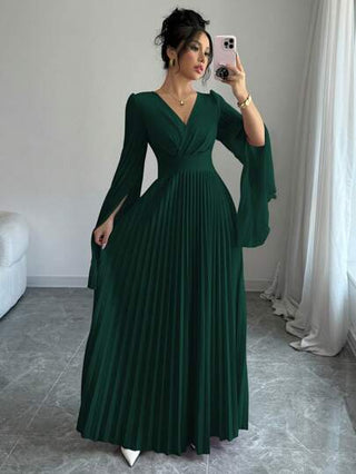 فساتين حريمي Elenzga فستان نسائي أنيق رومانسي ذو رقبة على شكل حرف V وأكمام منفرجة ومطوية، فستان طويل، إطلالة نسائية