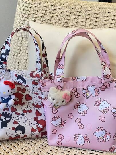 Sanrio حقيبة كتف كانفاس للنساء بتصميم كارتوني لطيف لهيلو كيتي، بسوستة، حقيبة تخزين متعددة الوظائف عالية الجودة، حقيبة ظهر مدرسية، حقيبة خارجية، حقيبة زخرفية، حقيبة تسوق، هدية للنساء، هدية تخرج وعيد الأم