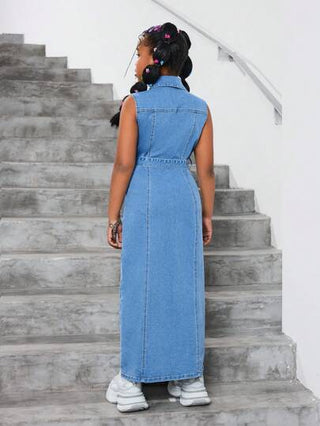 تيشيرتات بناتي فستان بلوزة ذو ياقة كلاسيكية بدون أكمام من الجينز الأزرق للبنات المراهقات، ملابس بنات للربيع والصيف، ملابس عطلة الربيع