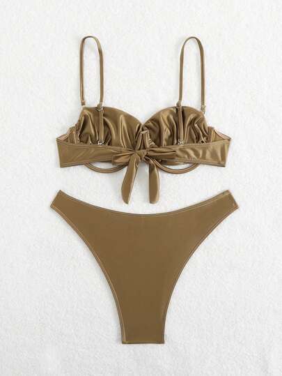 Swim SXY مجموعة ملابس سباحة للنساء بحمالات رفيعة واجزاء متقاطعة من الخلف بلون أخضر لامع وجذاب