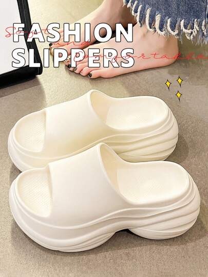 صندل نسائي بكعب سميك لون بني فاتح، صيفي عصري بكعب عال من مادة EVA قابل للإنزلاق، صندل مسطح كاجوال للخارج