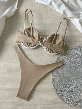 Swim Basics طقم ملابس سباحة للنساء بأعلى طبقة شرابة وسفلي شكل بكيني، لون أحادي الألوان مناسب للصيف