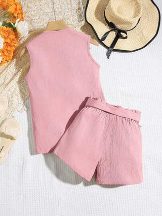 girls-sets قطعتان من جاكيت صدرية بلا أكمام للفتاة المراهقة مع حزام ذو فيونكة وشورت, طقم ملابس عصري مناسب للأخوات (تُباع المجموعتان بشكل منفصل)
