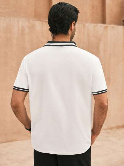 Manfinity ModaGents قميص بولو مخطط للرجال بأزرار لأعلى، قميص بولو كاجوال للعمل باللون الأبيض