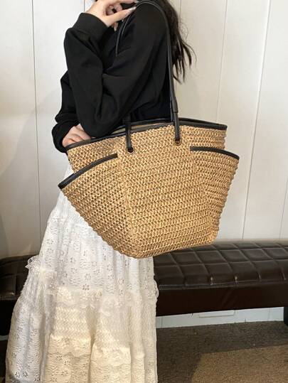 1 حبه حقيبة كتف ذات سعة كبيرة وجيوب متعددة ذات لون أحادي، حقيبة قش موضة، حقيبة تسوق عصرية، مناسبة للشاطئ والاستخدام اليومي للنساء