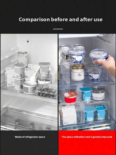 قطعة واحدة رف منظم للثلاجة، رفوف منفصلة متعددة الطبقات للثلاجة، رف تخزين قابل للتراص للثلاجة، حاوية شفافة متعددة الطبقات، للخزائن والأدراج والرفوف، منظمات ومستلزمات تخزين المطبخ، توفير مساحة مع ملحقات المطبخ