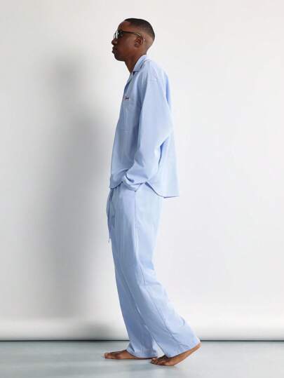 SUMWON مجموعة بيجامات مخملية مخطط فاخرة مكونة من قميص بياقة وأزرار وأكمام طويلة وبنطلون، بدلة نوم منزلي مريحة وواسعة