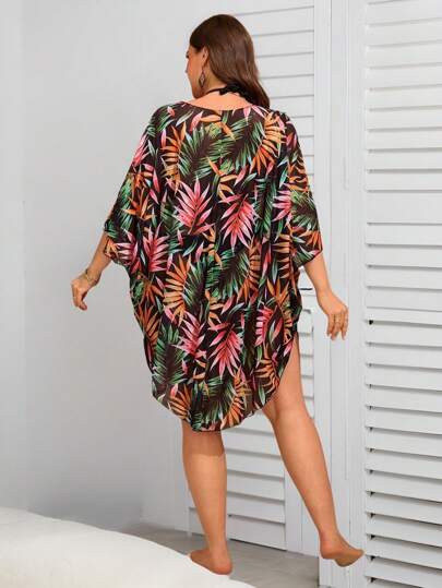 Swim Mulvari غطاء شبكي فضفاض بطبعة النبات الاستوائية وياقة على شكل حرف V لحجم إضافي للنساء، للاستخدام في العطلة الصيفية