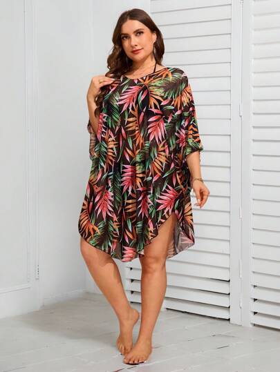 Swim Mulvari غطاء شبكي فضفاض بطبعة النبات الاستوائية وياقة على شكل حرف V لحجم إضافي للنساء، للاستخدام في العطلة الصيفية