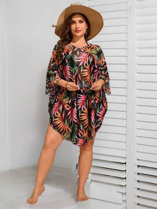 Swim Mulvari غطاء شبكي فضفاض بطبعة النبات الاستوائية وياقة على شكل حرف V لحجم إضافي للنساء، للاستخدام في العطلة الصيفية