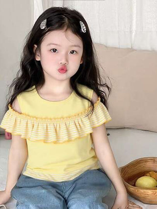 تيشيرتات بناتي Genkimix Kids تي شيرت قصيرة الأكمام للبنات الصغيرات بأكتاف مكشوفة ورقعة لطيفة وحلوة وكشكشة، تصميم صيفي أنيق ومدهش
