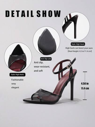 صنادل نسائية ذات كعب عالي أسود بتصميم من الدانتيل، صنادل رقيقة وأنيقة وجذابة بتصميم رأس مدبب وحزام شبكي للكاحل، مناسبة للحفلات والسهرات