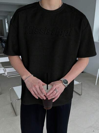 DAZY تي شيرت رجالي من الجلد المدبوغ الأسود بطباعة حرفية، صيفي