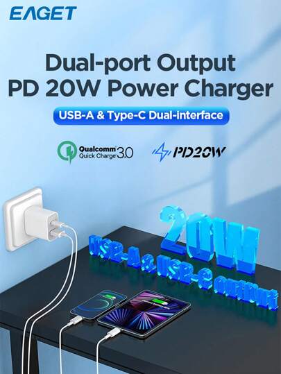 شاحن سريع 20 واط بمنفذ USB-C مزود بكابل شحن سريع متوافق مع الهواتف الذكية أيفون وأيباد والبرودز وأجهزة اللوحية، متعدد المنافذ، آمن وعالمي التوافق مناسب للسفر والمكتب والإقامة والاستخدام المنزلي