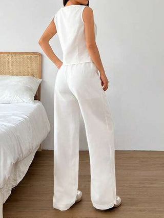 طقم حريمي قطعتين EZwear مجموعة كاجوال من قطعتين لون أحادي، بدون أكمام وسراويل ربطة أمامية للنساء