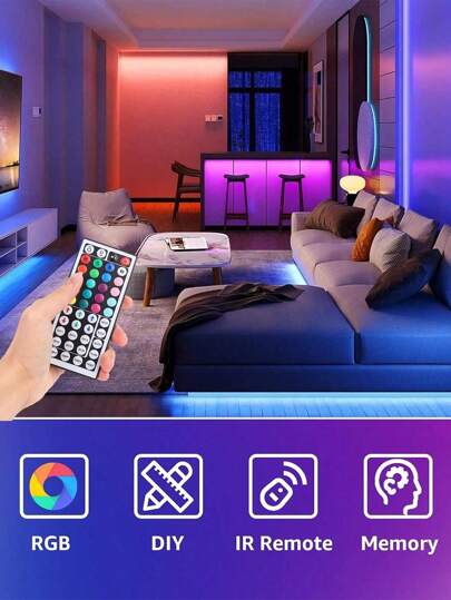 1 قطعة أضواء شريط LED بطول 1م/2م/3م/5م/10م/15م مع جهاز تحكم عن بعد 44 مفتاح، أضواء شريط LED متغيرة الألوان RGB ، أضواء حبل للغرفة والمنزل والحفلات والأعياد والزفاف