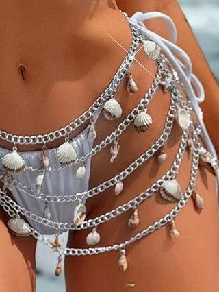 طقم تانكيني حريمي Swim SXY سلسلة جسم ديكور صدف فضي ومحار، إكسسوار بيكيني عطلة الصيف على الشاطئ