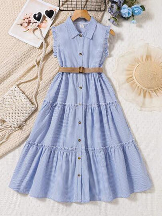 تيشيرتات بناتي Genkimix Kids فستان قميص مخطط للبنات بأكمام رنانة ، فستان كاجوال طويل مع حزام ، مناسب للارتداء اليومي والعطلات ، الربيع/الصيف