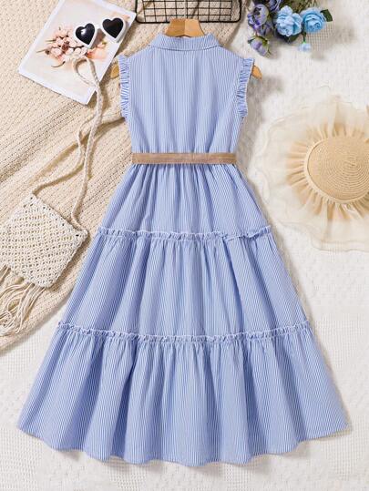 تيشيرتات بناتي Genkimix Kids فستان قميص مخطط للبنات بأكمام رنانة ، فستان كاجوال طويل مع حزام ، مناسب للارتداء اليومي والعطلات ، الربيع/الصيف