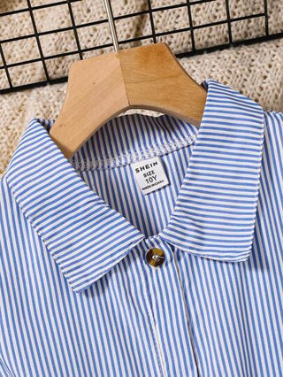 تيشيرتات بناتي Genkimix Kids فستان قميص مخطط للبنات بأكمام رنانة ، فستان كاجوال طويل مع حزام ، مناسب للارتداء اليومي والعطلات ، الربيع/الصيف