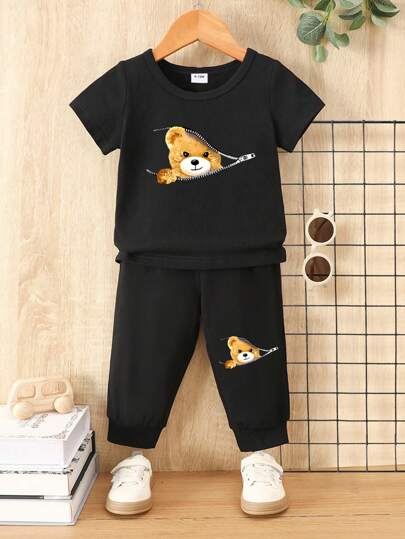 SHEIN طقم تي شيرت قصير الأكمام بياقة مستديرة وسروال طويل للأطفال الرضع الفتيان، طباعة الدب، كاجوال، صيفي