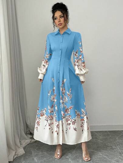 Elenzga فستان طويل 2024 مطبوع بنمط كامل للنساء