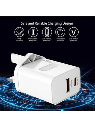 شاحن يو اس بي سي 40 واط PD QC 3.0 شاحن سريع للهواتف أجهزة البكسل 9/9برو/8/8برو/8ا/7/7برو/6برو/6/6ا، متوافق مع آيفون 16/15/14 برو ماكس/13 برو ماكس/12، إس 24/23، متوافق مع محول دي جي آي ميني 4 برو، مناسب للسفر، المكتب، المنزل والإقامة، متعدد المنافذ