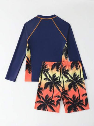 مايوه أولادي مجموعة بكيني مكونة من توب وشورت مطبوع عليهما أشكال أشجار النخيل الاستوائية مناسبة للمراهقين، تصلح للصيف، الشاطئ، السباحة، العطلات، ركوب الأمواج والغوص