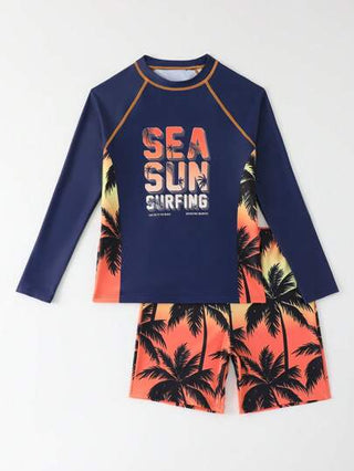 مايوه أولادي مجموعة بكيني مكونة من توب وشورت مطبوع عليهما أشكال أشجار النخيل الاستوائية مناسبة للمراهقين، تصلح للصيف، الشاطئ، السباحة، العطلات، ركوب الأمواج والغوص