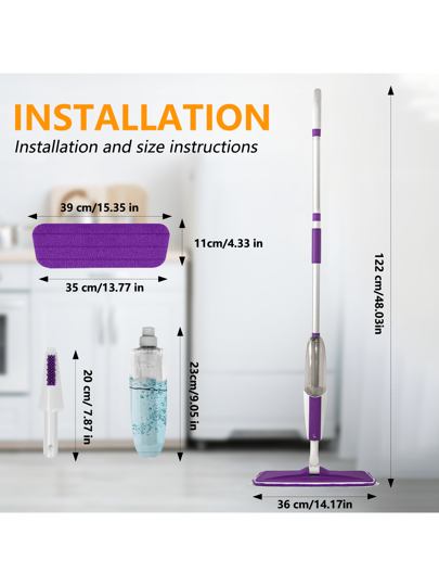 مساحات للتنظيف الرطب للأرضية، مساحة رش رطبة مع زجاجة و 1/4 لباد ميكروفايبر قابل للغسيل لكلا الاستخدام المنزلي والتجاري، مساحة جافة رطبة مسطحة لأرضيات الأخشاب والبلاط والأرضيات المتينة
