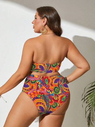 Slaydiva مجموعة ملابس سباحة للمرأة البدينة موديل 2 قطعة، كروب توب مطبوع بطراز بوهيمي وشورت خصر عالي، أنيق وجذاب لرحلات الشاطئ