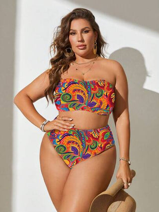 Slaydiva مجموعة ملابس سباحة للمرأة البدينة موديل 2 قطعة، كروب توب مطبوع بطراز بوهيمي وشورت خصر عالي، أنيق وجذاب لرحلات الشاطئ