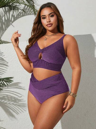 SHEIN Swim Curve 2 قطعة مجموعة ملابس سباحة نسائية حجم كبير اللون مع حمالات رفيعة قابلة للتعديل والخصر غير متناظر وطية أنيق وجذاب