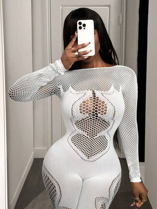 BamGleam جمبسوت نسائية ذات رقبة طاقم، كم طويل، ضيقة مع تصميم مفرغ محبوك