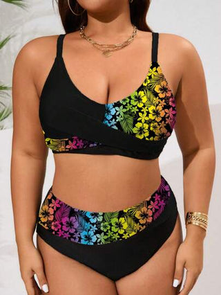 SHEIN Slayr CURVE مجموعة مقاسات كبيرة موديلين ذات لون سادة مع تصميم أربطة قابلة للتعديل مقترنة بملابس سباحة ذات خصر عالي، ملابس سباحة أنيقة للنساء في إجازة الشاطئ