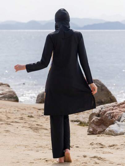 3 قطع من طقم ملابس السباحة الحشيمة والملتزمة بالأكمام الطويلة والسروال مع قبعة، بتصميم أسلوب الشرق الأوسط, بدلة سباحة للنساء للصيف