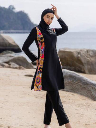 3 قطع من طقم ملابس السباحة الحشيمة والملتزمة بالأكمام الطويلة والسروال مع قبعة، بتصميم أسلوب الشرق الأوسط, بدلة سباحة للنساء للصيف