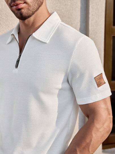 Manfinity RelaxMax قميص بولو للرجال بأكمام قصيرة، تطريز حروف، كاجوال، للتنقل اليومي