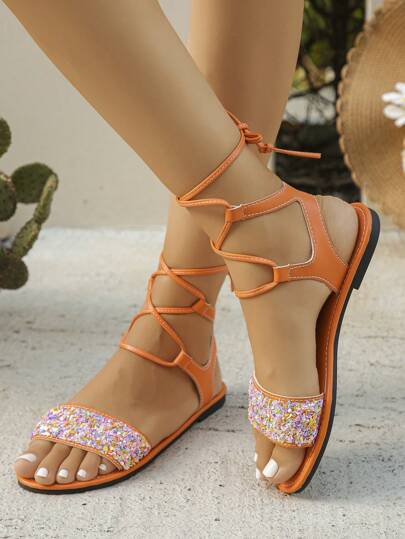 صنادل مسطحة للنساء مزينة بتشكيلة ترتر ذات أشرطة برتقالية مع إبزيم للكاحل، موضة أوروبية وأمريكية جديدة للصيف، متعددة الاستخدامات لارتداء اليومي، خفيفة الوزن ومريحة