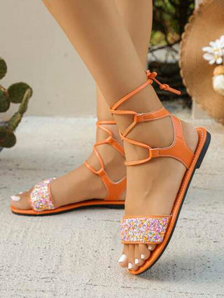 صنادل مسطحة للنساء مزينة بتشكيلة ترتر ذات أشرطة برتقالية مع إبزيم للكاحل، موضة أوروبية وأمريكية جديدة للصيف، متعددة الاستخدامات لارتداء اليومي، خفيفة الوزن ومريحة