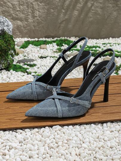 حذاء كعب عالي للنساء بإصبع مدبب و كعب  و مرصع بالثقوب و نعل سندل