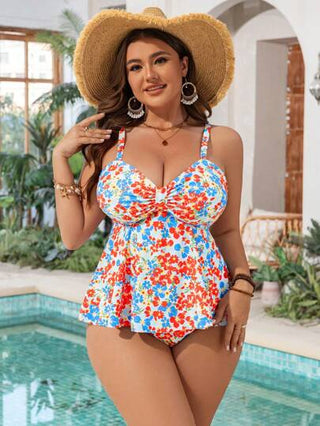 Swim Mod زي سباغيتي بطبعة زهور كبيرة الحجم للنساء مكون من قطعتين، أول قطعة خزان الظهر المفلطح وثاني قطعة سبليت ، ملابس سباحة تجميلية للشاطئ