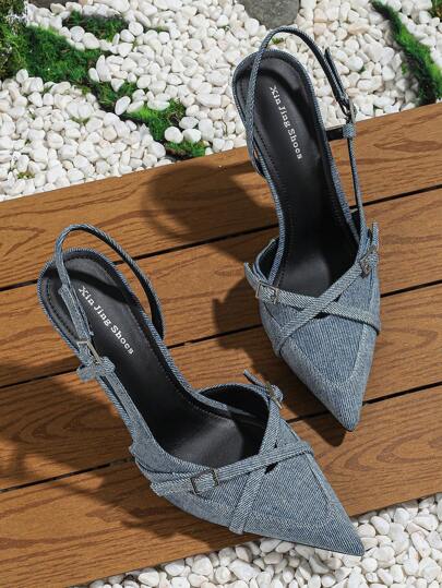 حذاء كعب عالي للنساء بإصبع مدبب و كعب  و مرصع بالثقوب و نعل سندل