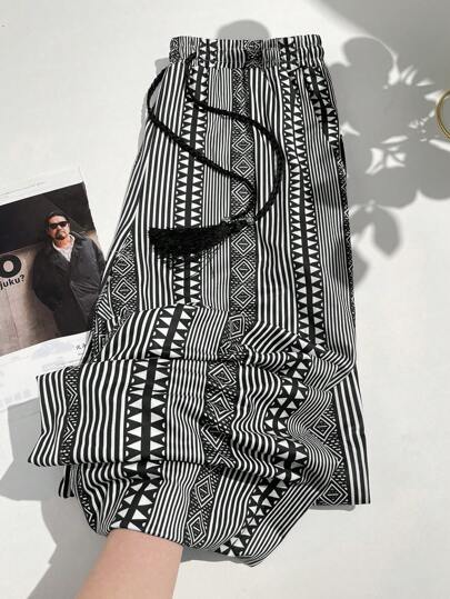 سراويل كاجوال مستقيمة الساق فضفاضة ذات طبعة نسيجية بوهيمية عالية الجودة، ملائمة للربيع والصيف