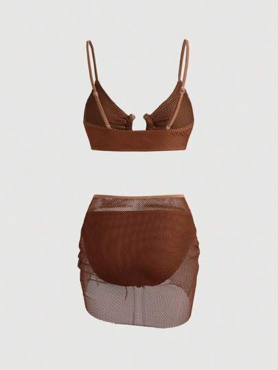 SHEIN MOD طقم: بكأس معدني ومخروم وتنورة بنية، بدل سباحة للنساء بطقم بكيني - حمالة صدر بارزة، بدلة سباحة من 3 قطع ، ملابس للنزهات الشاطئية