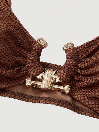 SHEIN MOD طقم: بكأس معدني ومخروم وتنورة بنية، بدل سباحة للنساء بطقم بكيني - حمالة صدر بارزة، بدلة سباحة من 3 قطع ، ملابس للنزهات الشاطئية