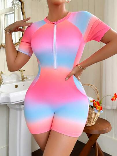 Swim Shayni بوركيني للنساء بأكمام قصيرة، سحاب، تصميم تضييق الخصر، بسيط، عصري، مناسب للصيف